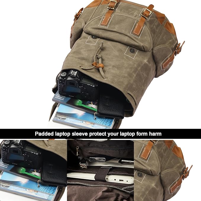 Backpack for Men Heavy Duty Waxed Canvas Vintage Women Trim Casual 15.6" laptop Travel Backpack-Olive green