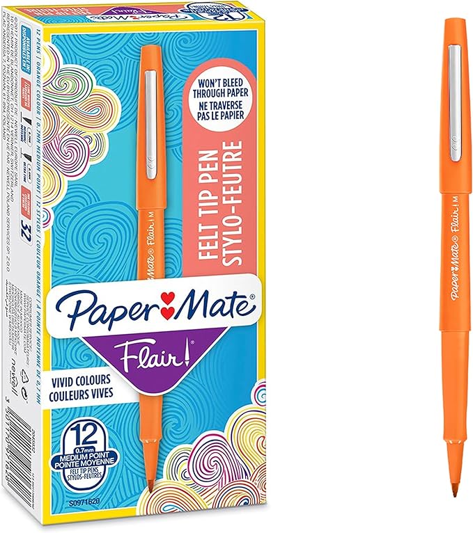 Paper Mate Flair Pen, 1.1mm Medium Tip, Orange, Box of 12