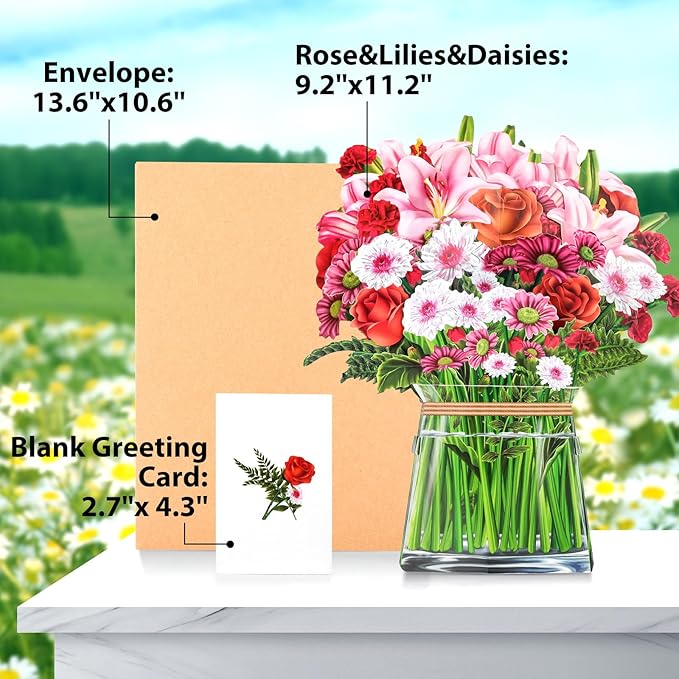 Pop Up Cards,Roses&Lilies&Daisies,12 Inch Forever Flower Bouquet 3D Popup Greeting Cards With Blank Note Card and Envelope,Perfect For Birthday, Christmas, Thanksgiving Day,Mother's Day Gifts