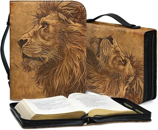 Lotusorchid Lion Print Bible Bag for Men, PU Leather Bible Cover Sturdy Bible Book Carrying Bags Christian Bible Study Accessories for Bible Study, Brown, M