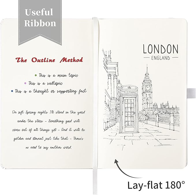 Blank Journal/Notebook - Classic Notebook/Journal with Ribbon Divider, Hardcover with Thick Paper, 5.3'' x 8.26'', Banded + Pen Holder +Inner Pocket - White