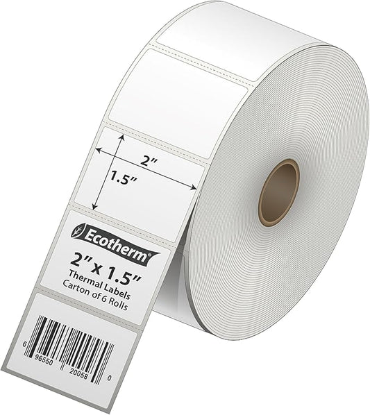2" x 1.5" Thermal Labels | 6 Rolls | 8220 Labels | fits Zebra, Munbyn, Rollo, Godex, Arkscan, iDPRT, Offnova Thermal Label Printers and More | Blank White Adhesive Stickers by Ecotherm