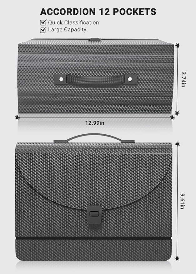 Accordion File Organizer/Expanding File Folder with Handle,13 Pockets Filing Box,Perfect for Desktop Standing/Portabe Document Paper Organizer,A4/Letter Size,Monthly/Blank Tabs,Black Diamond