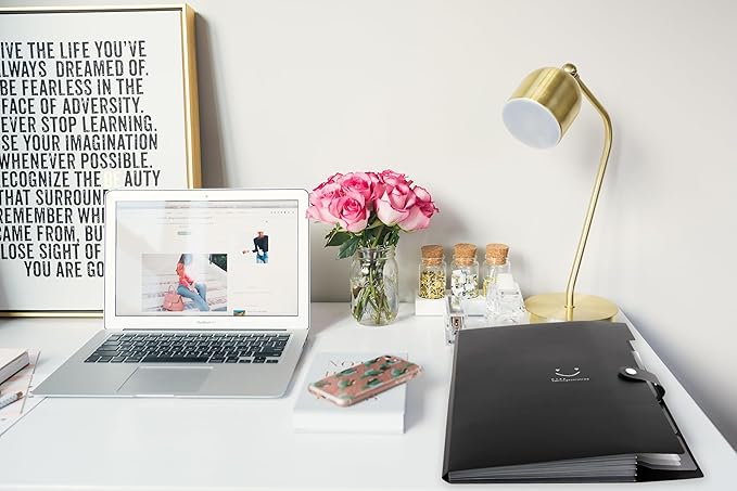 SKYDUE File Folder with 8 Labels, 5 Pockets Accordion Paper Organizer for School and Office，A4 Letter Size，Black