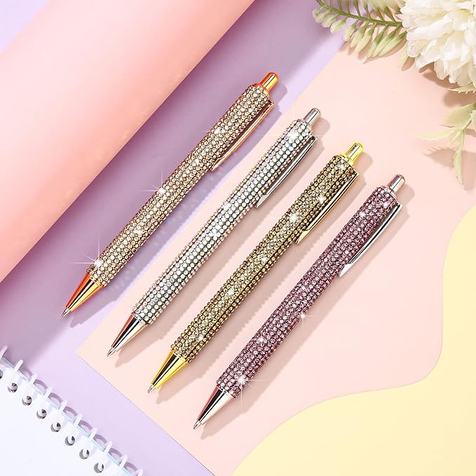Ireer 4 Pcs Bling Rhinestone Sparkly Pens for Women Diamond Ink Crystal Glitter Metal Ballpoint Bedazzled Fancy Pens 4 Pcs 1.0mm Refills(Gold, Silver, Pink and Rose Gold)