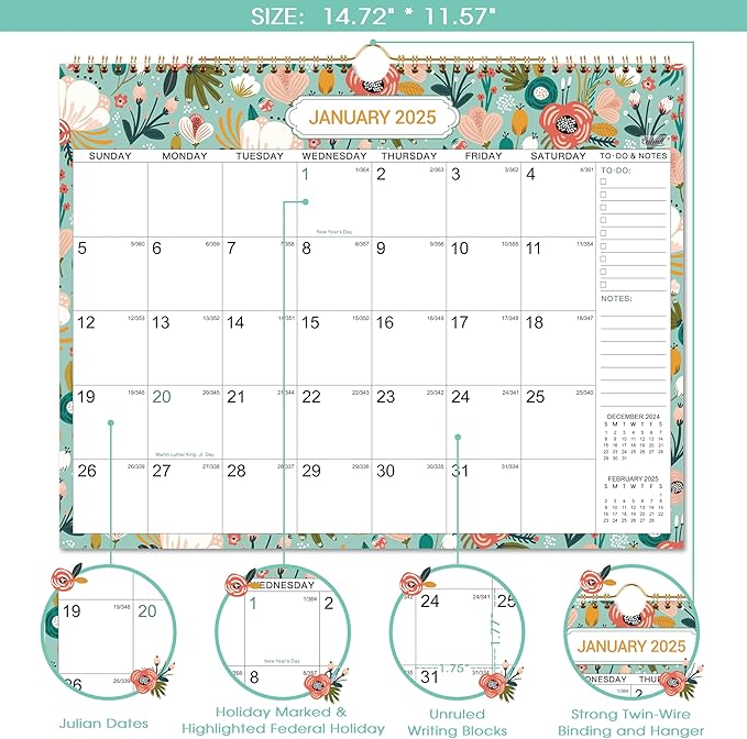 2025 Wall Calendar - Wall Calendar 2025, Jan. 2025 to Jun. 2026, 14.8" x 11.4" Monthly Wall Calendar with Julian Date, Calendar 2025 with Thick Paper