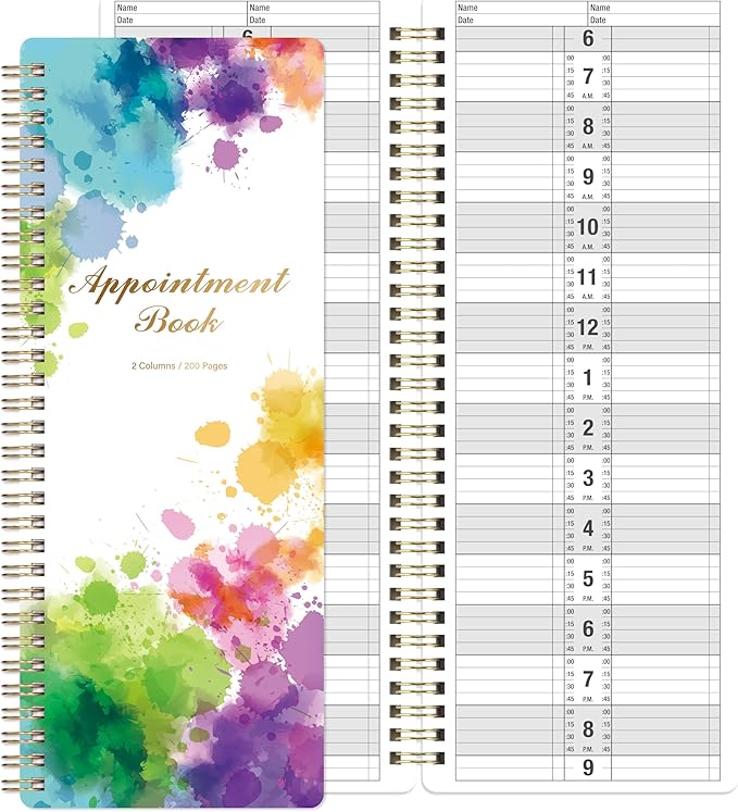 Appointment Book - Salon Appointment Book, 11.5" x 4.7", Hourly Planner, 2 Columns, Undated, 6 AM - 9 PM, Spiral Bound, 200 Pages, Colorful