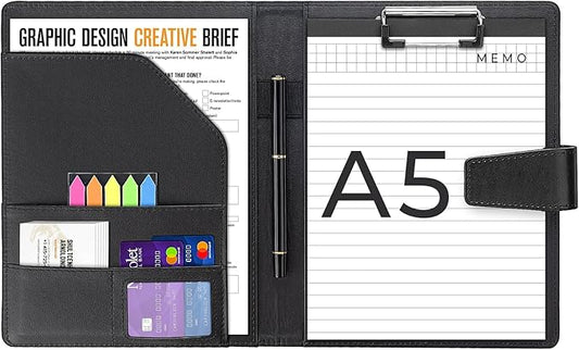 A5 Leather Portfolio Binder, Interview Legal Document Organizer with Magnetic Closure Cover with A5 Sized Papers,Sticky Tabs,Pen,Mini Document Organizer Folder for Men Women,Black