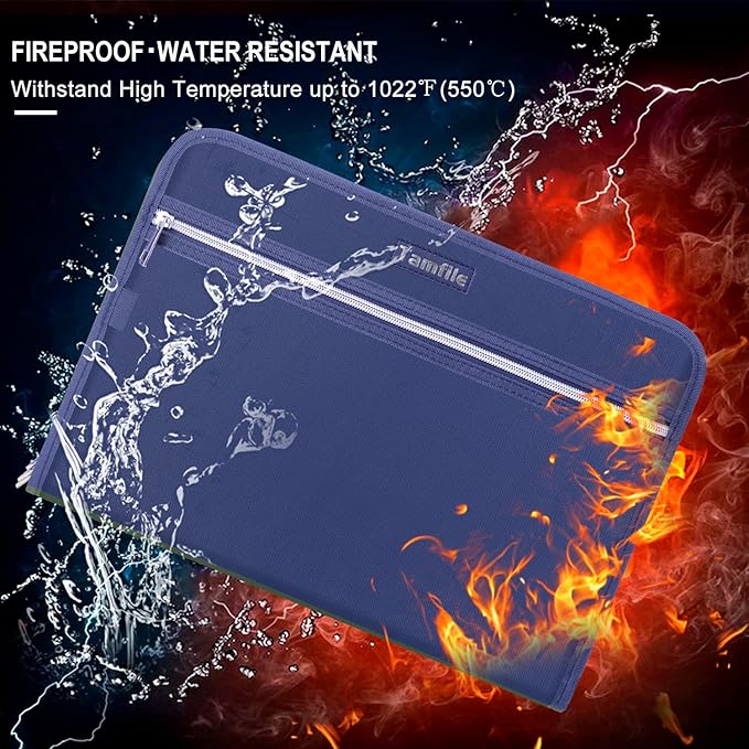 Fireproof Safe Accordion File Organizer Bag Folder,Waterproof Expanding Filing Folder with 14 Pockets, A4 Letter Size, Document Organizer Holder and Color Labels /2 Zipper, Navy Blue 14.3" x 9.8"