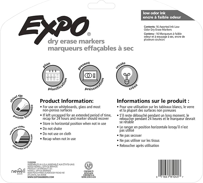 EXPO Low Odor Dry Erase Markers, Chisel Tip, Assorted Colors, 16 Count