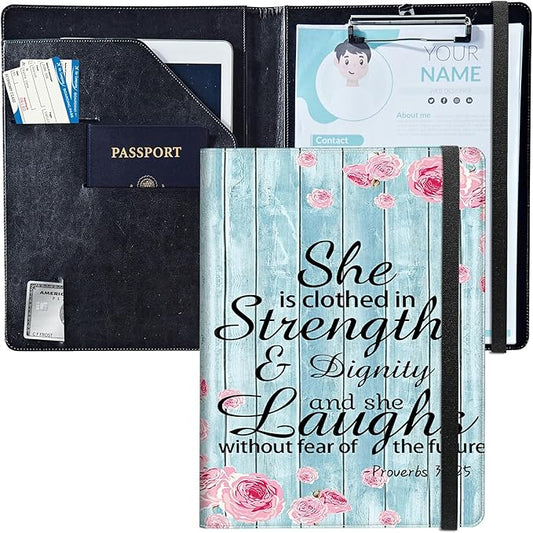 PU Leather Padfolio Clipboard Notepad with Pen Loop and Elastic Strap Interview/Resume Document Organizer for Business School Office,Bible Quote Proverbs 31-25