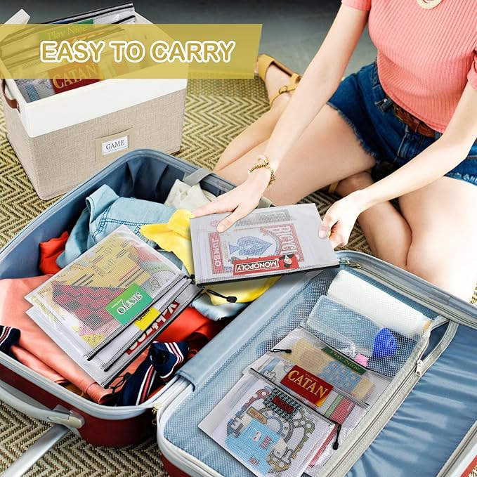 Board Game Storage, Board Game Organizer with 12pcs Zipper Bags and Writable Stickers, Board Game Organizers Storage with Lid for Office Supplies, Puzzles, Video Game, Craft Product,Beige