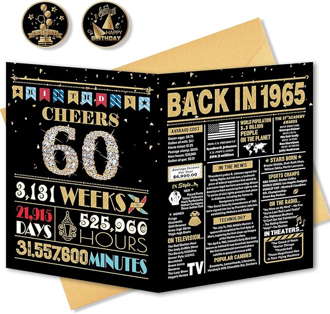 60th Birthday Card, 60th Birthday Gifts for Women Men, 60th Birthday Decorations for Him Her, Back in 1965 Birthday Card, Black Gold