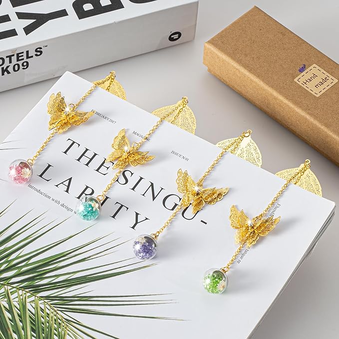 Golden Leaf Metal 3D Bookmark with Bonus Handmade Greeting Card, Butterfly & Rose Flower Craft Gift Card Envelope, Gift for Book Lovers, Family, Friends, Teacher & Kids Chongzhen