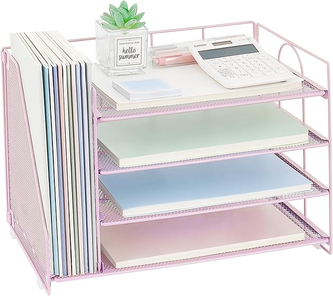 OPNCIE Desk Organizers and Accessories, 4 Tier Paper Letter Tray File Organizer, Office Organization Storage Desk Accessories Workspace Desktop Organizer for Classroom Office Supplies Decor, Pink