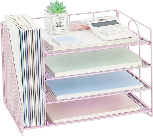 OPNCIE Desk Organizers and Accessories, 4 Tier Paper Letter Tray File Organizer, Office Organization Storage Desk Accessories Workspace Desktop Organizer for Classroom Office Supplies Decor, Pink