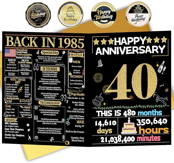 Joycard 40th Anniversary Card for Women Men, Gold Wedding Card for Wife Husband, Sweet Marriage Decorations Gifts for Couple, Perfect for Her Him on Anniversary Day, Ruby Wedding Card, Back in 1985