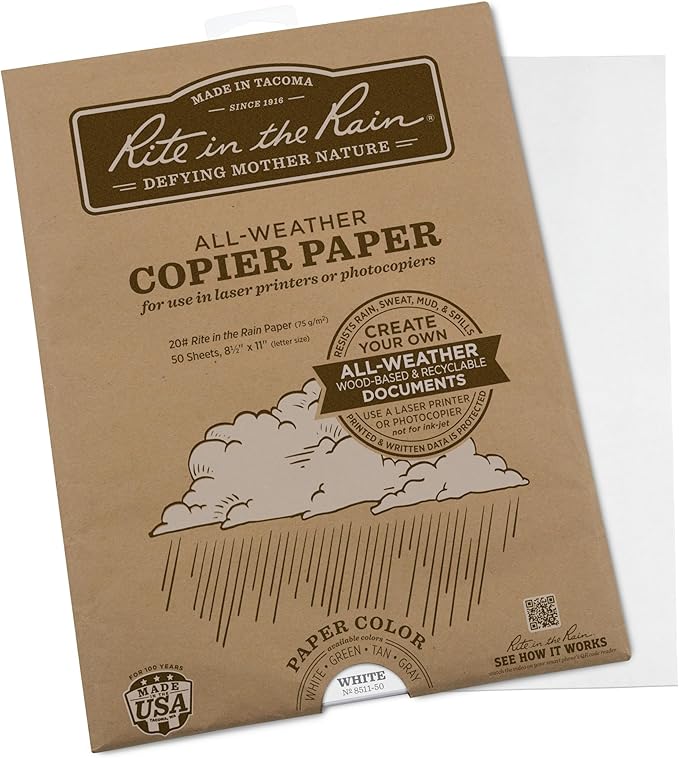 Rite In The Rain Weatherproof Laser Printer Paper, 8.5" x 11", 20# White, 50 Sheet Pack (No. 8511-50)