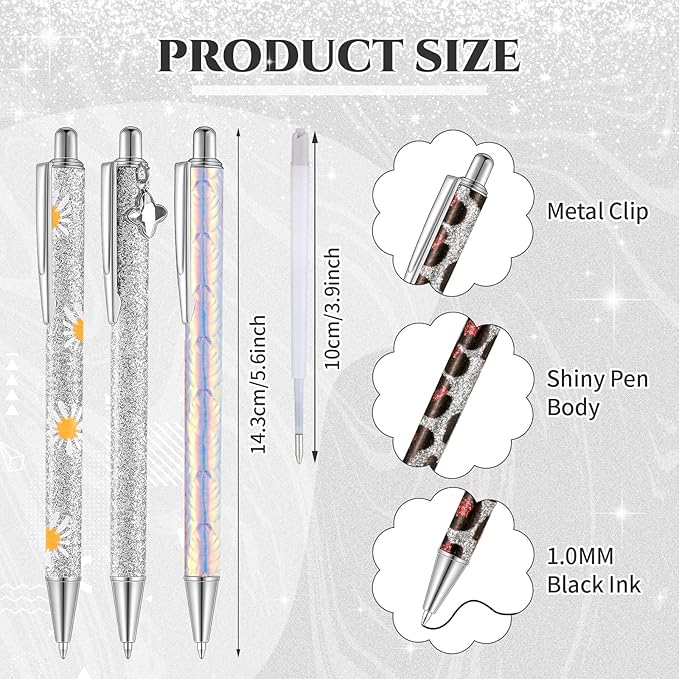 Sherr 7 Pcs Fancy Pens for Women Cute Sparkly Glitter Pens with 10 Pcs Black Ink Refills Pretty Gifts for Girls Office School Christmas Graduation(Silver,Bright)