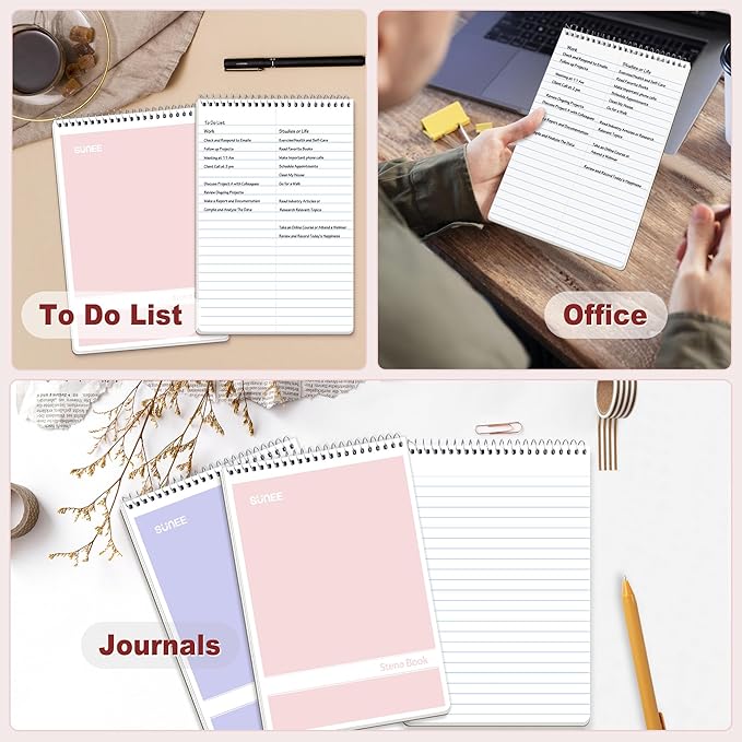 SUNEE Steno Pads 6x9 6 Pack, Gregg Rule, 60 Sheets, 6 Assorted Color Spiral Notebook 6x9, White Paper, Take Notes with Top Spiral Notebook, for School, University, College, Work, Office
