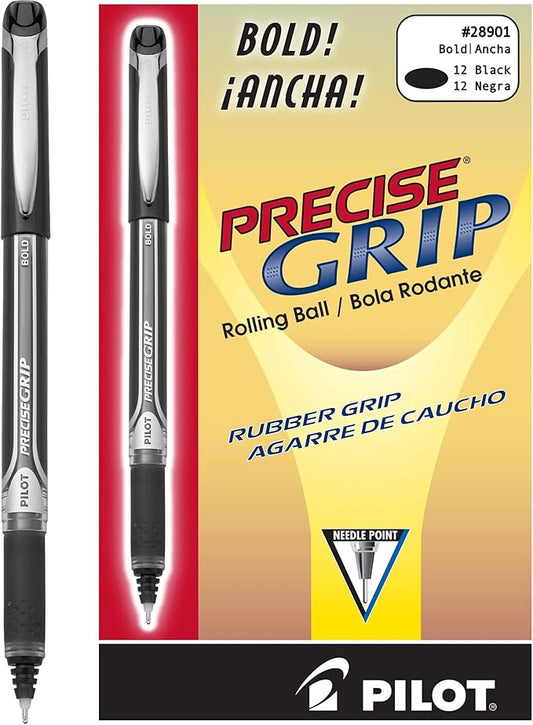 PILOT, Precise Grip Liquid Ink Rolling Ball Stick Pens, Bold Point 1 mm, Black, Pack of 12