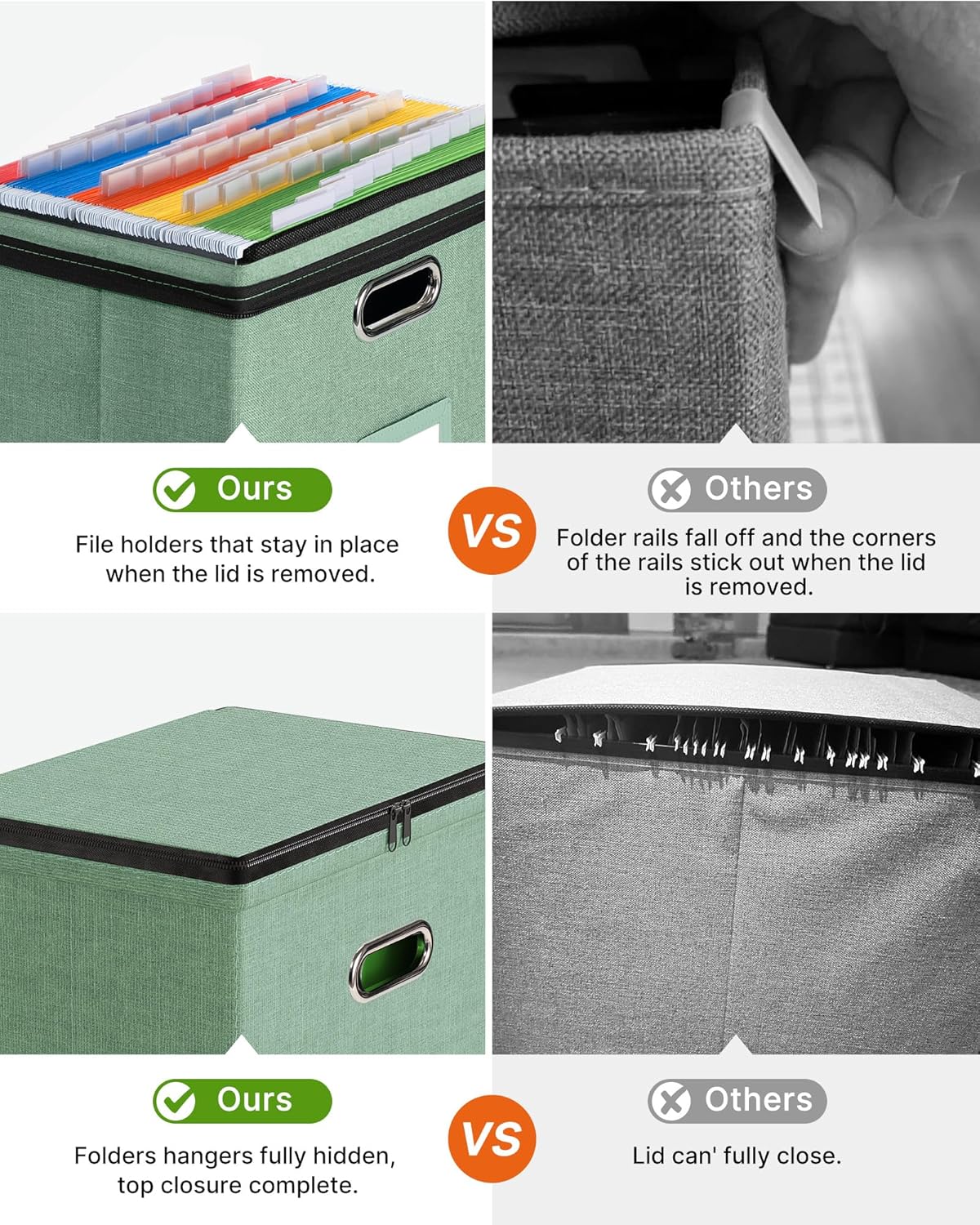 Oterri 1 Pack File Organizer Boxes with Lids, File Box with Mesh Pockets, Document Organizer Box for File Folders Letter Size, Zippers Filing Box for Home, Office, School (Green, Without Folders)