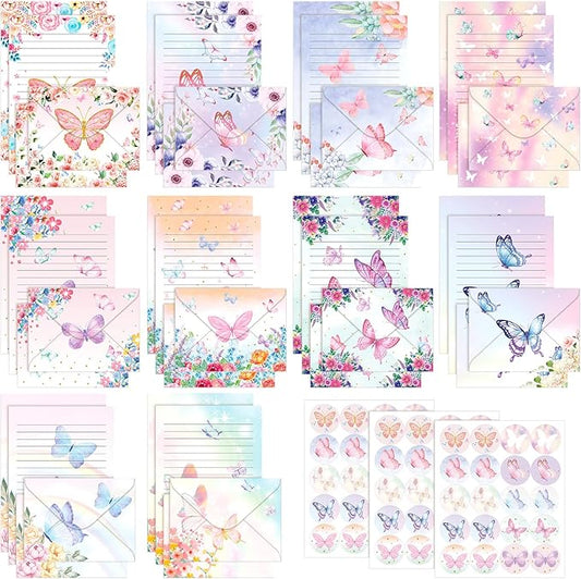 TaoBary 160 Packs Stationery Paper Set (50 Double Sided Stationery Writing Papers 50 Matching Envelopes) 60 Round Dot Sticker, 10 Design(Watercolor Butterfly,8.5 x 11 Inch)