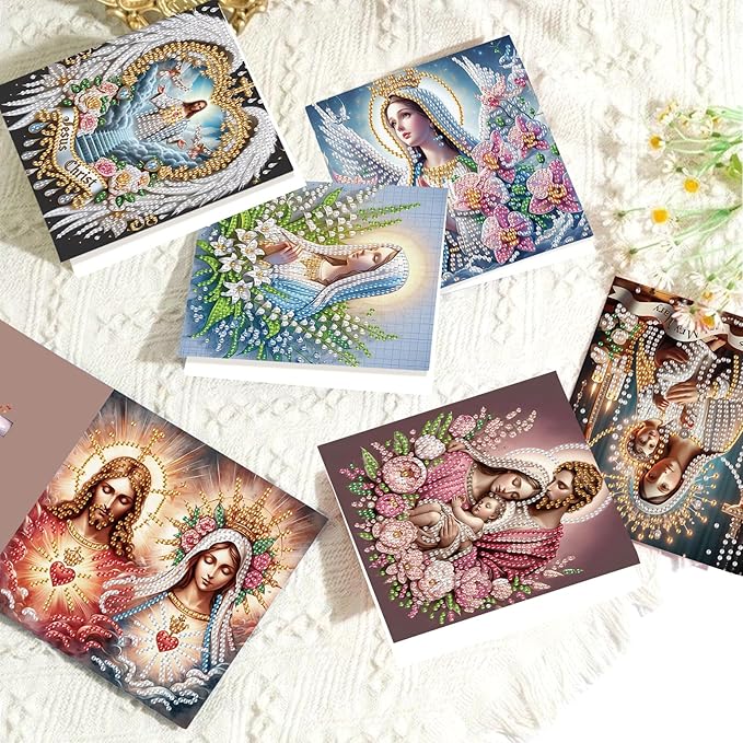 6 Pcs 5D Rhinestone Painting Greeting Cards Kits, Handmade Festival Greeting Cards with Envelopes Holographic Laser Effect DIY Diamond Art Crafts Birthday Cards for Birthdays Celebrations (Religion)