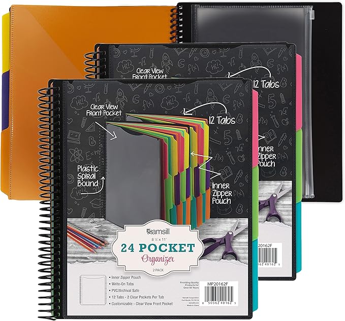 Samsill 2 Pack Deluxe 24 Pocket Spiral Project Organizer with Inner Zipper Pouch, Customizable Front Cover, 12 Dividers with Erasable Write-On Tabs in Fashion Colors, Plastic Folders with Pockets
