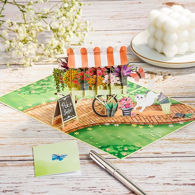 Flowers Cart Pop Up Card, Cat Catching Butterfly, 3D Greeting Card, Gifts for Birthday, Mothers Day, Valentines Day, Mom, Wife, Girlfriend, Sister, 5x7 - Includes Envelope And Message Note