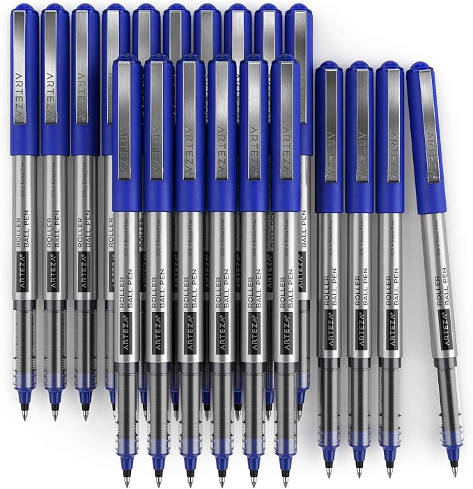 ARTEZA Rollerball Pens, Pack of 20, 0.5mm Blue Liquid Ink Pens for Bullet Journaling, Fine Point Rollerball, Office Supplies for Writing, Taking Notes & Sketching