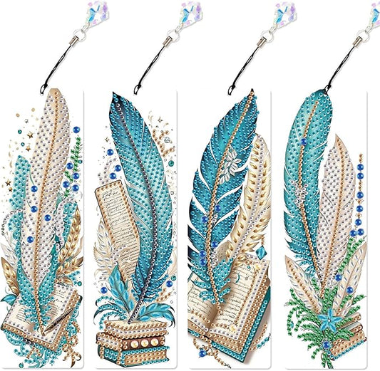 4-Piece 5D Diamond Painting Bookmarks Set, DIY Craft Kit with Rhinestones – Creative Artistic Peacock Feather Design, Diamond Art Craft Bookmarks with Tassels for Adults, Perfect for Gifts