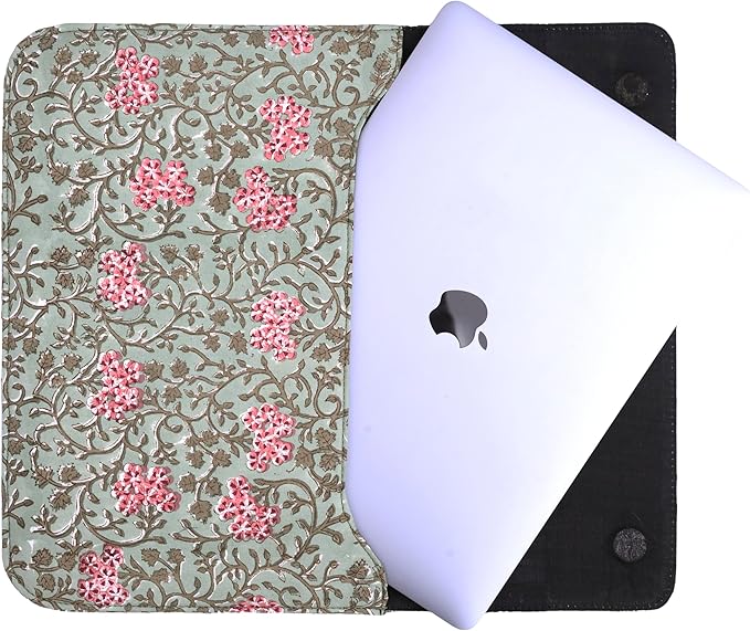 Cotton Hand Block Print Laptop Sleeve Case Bag Compatible with MacBook Air/Pro, 13-13.3 inch Water-Resistant Notebook, Travel Carrying Case Bag Protective Portable Computer Bag, Green 2