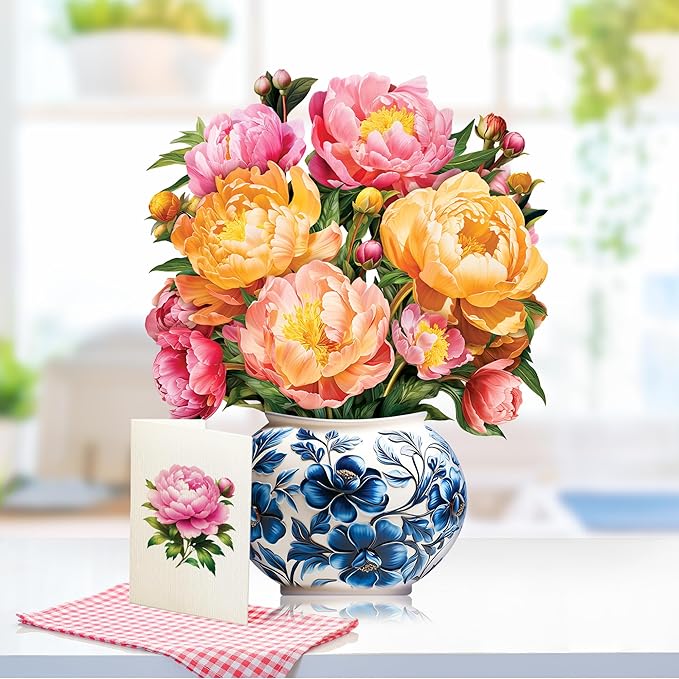 Paper Pop-Up Flower Card, Peony, Forever Flowers Bouquet 3D Popup Greeting Cards, Blank Note Envelope, Birthday Gift Cards, Mother's Day, Holiday Decorations