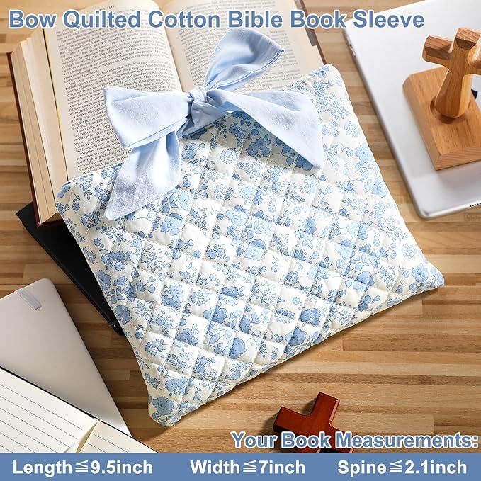 Honoson Quilted Bow Bible Sleeve Book Cover Case Padded Protector Washable Bible Bag Pouch Christian Gift for Women Girls Book Lover Gifts(Blue Floral)