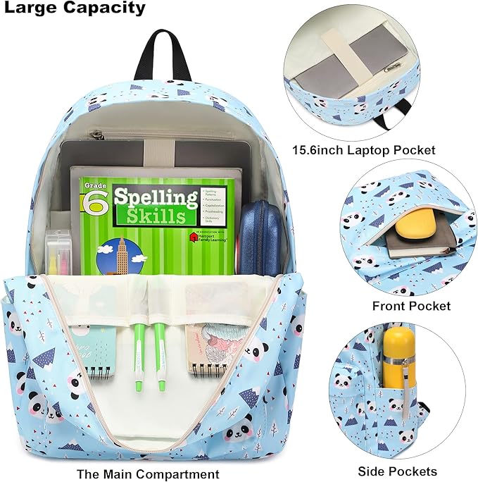 Panda School Backpack for Teens Girls, Womens College Bookbags Kids School Bags Laptop Backpacks (Blue)