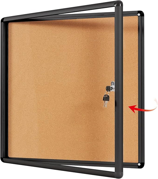 SWANCROWN Lockable Noticeboard Wall-Mounted Bulletin Cork Boards Tamper Proof Information Board Indoor,Black Frame,28x26 inch (6xA4)