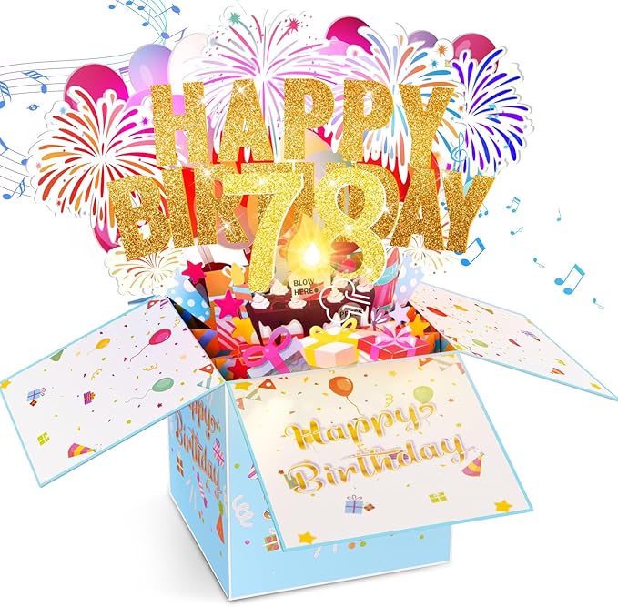 Tnvee 78TH Birthday Cards with Lights & Music & Candle, 3D Large Pop Up Happy Birthday Cards for Women Man Greeting Cards Decorations for 78 Years Old Mom Dad Grandparents