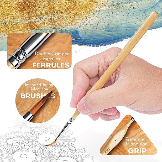 Golden Maple Miniature Paint Brushes 10pcs Detail Paint Brushes Flat Angle Filbert Fine Detail Brush Set for Acrylic, Watercolor, Dollhouse, Citadel, 40k.