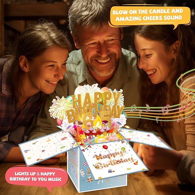 Tnvee 65TH Birthday Cards with Lights & Music & Candle, 3D Large Pop Up Happy Birthday Cards for Women Man Greeting Cards Decorations for 65 Years Old Mom Dad Wife Husband Friend