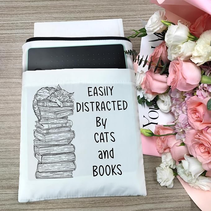 Book Sleeve, Book Covers with Zipper, Funny Cat & Book for Book Lovers, Gifts for Women Teacher Librarian Bookworm Bookish- Easily Distracted by Cats and Books (White-A, Large)