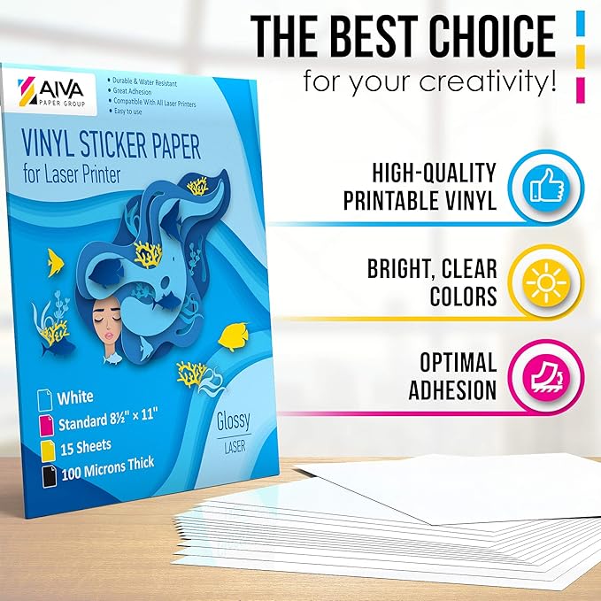 Printable Vinyl Sticker Paper for Laser Printer - Glossy White - 15 Self-Adhesive Sheets - Waterproof Decal Paper - Standard Letter Size 8.5"x11"