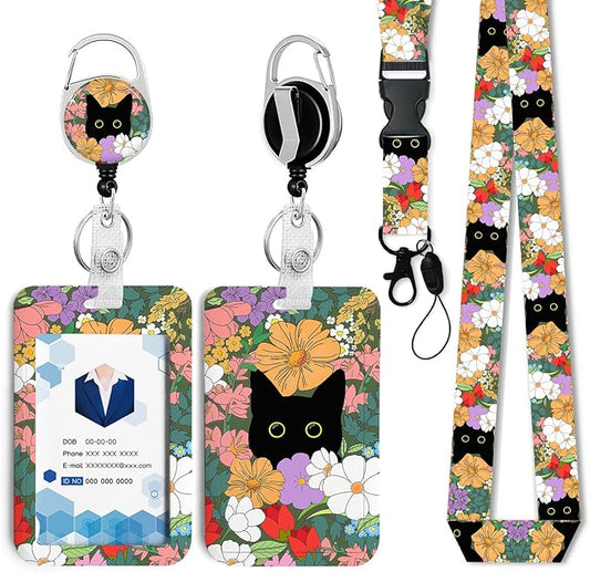 Cute Cat Hidden in The Flowers Badge Holder with Retractable Reel and Breakaway Lanyard，Badge Clips Retractable Heavy Duty Badge Reel，ID Holder with Breakaway Lanyard for School Nurse Office Teen ﻿