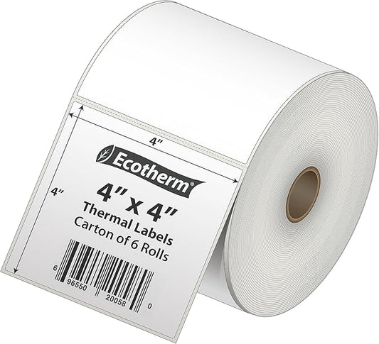 4" x 4" Thermal Labels | 6 Rolls | 4200 Labels | fits Zebra, Munbyn, Rollo, Godex, Arkscan, iDPRT, Offnova Thermal Label Printers and More | Blank White Adhesive Stickers by Ecotherm