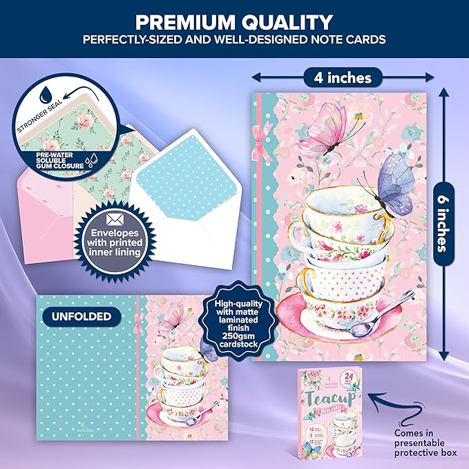 Decorably 24 Pack 4x6in Tea Cup Note Cards with Envelopes and Stickers, 12 Adorable Designs Teacup Note Cards, Blank Inside - Kid's Party, Birthday