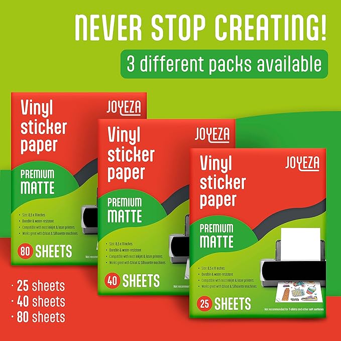 JOYEZA Premium Printable Vinyl Sticker Paper for Inkjet Printer - 25 Sheets Matte White Waterproof, Dries Quickly Vivid Colors, Holds Ink well- Tear Resistant - Inkjet & Laser Printer