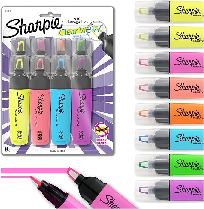 SHARPIE Clear View Highlighter, Chisel Tip Fluorescent And Pastel Highlighters, See Through Tip Highlighter Marker Set, Tank Highlighter, Assorted Colors, 8 Count