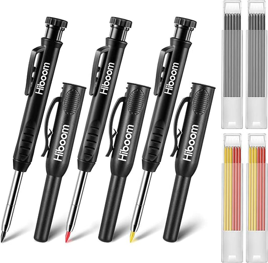 Hiboom 3 Pack Carpenter Pencils with 24 Refills (Red, Black, Yellow), 2.8 mm Heavy Duty Woodworking Marking Tool Built in Sharpener Ideal for Marking on Solid Long Nosed Deep Hole(Black)