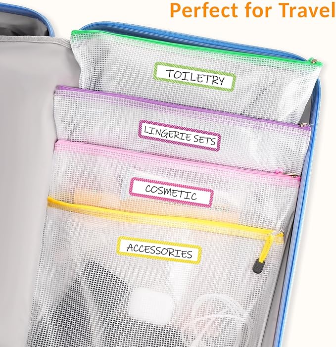 Sooez 24 Pack Mesh Zipper Pouch with Sticky Labels, A4 Size Mesh Bags for Board Game & Puzzles Organizing Storage, Durable Letter Size File Bags for Office Classroom Organization, 12 Assorted Colors