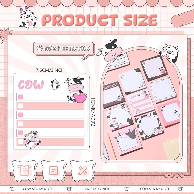 9 Pads Cute Sticky Notes Cartoon Animal Self Stick Notepads 3x3 Inches Notes Adhesive Memo Pad Office Decor Gifts for Students School Office Meeting(Cow)